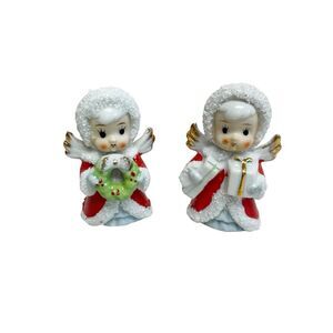 Vintage Set of 2‎ Spaghetti Trim Xmas Angels 1 w/Present & 1 w/Wreath Japan